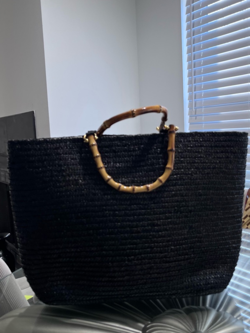 Vintage Jennifer Moore Black Straw Tote with Bamboo Handles